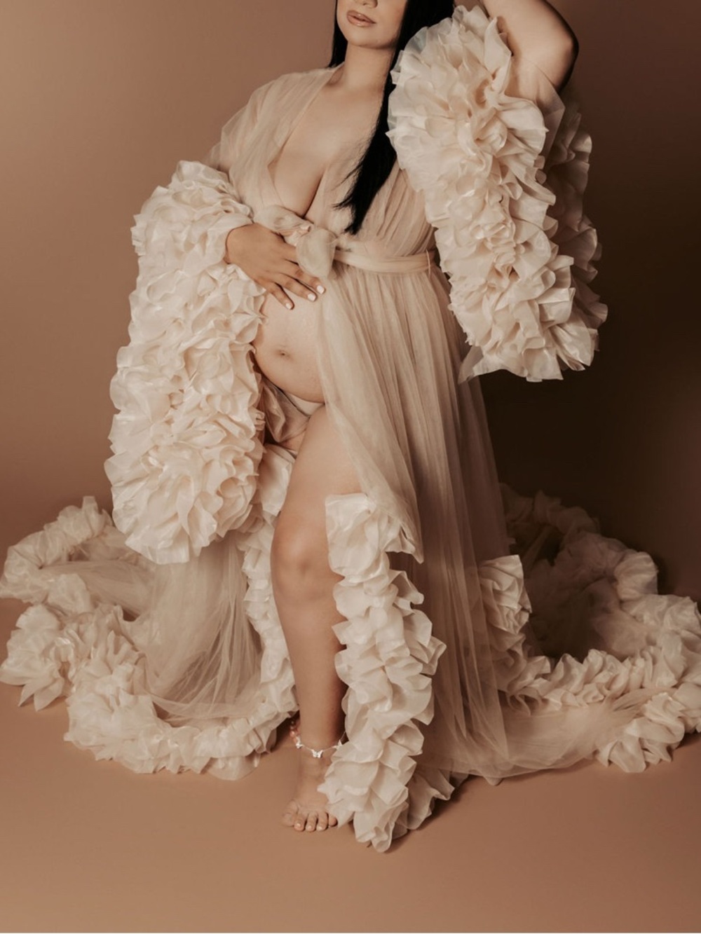 Sheer Ruffle Tulle Robe in Soft Beige